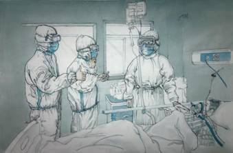中国画研究生：纪宛辰，作品名称：抗疫医生，画种：中国画