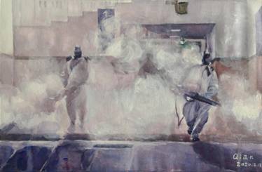 纺装教师郑骞+作品名称《灭疫先锋》+画种：水粉