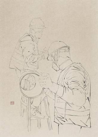 1.《中国速度——筑建火神山》，画种：速写